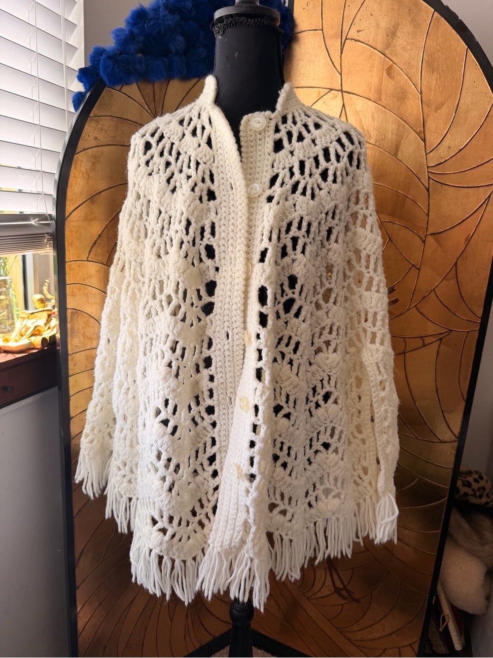 Cream Open-Weave Fringe crochet Button-Front Women's Poncho Swim cover up - Picture 1 of 6